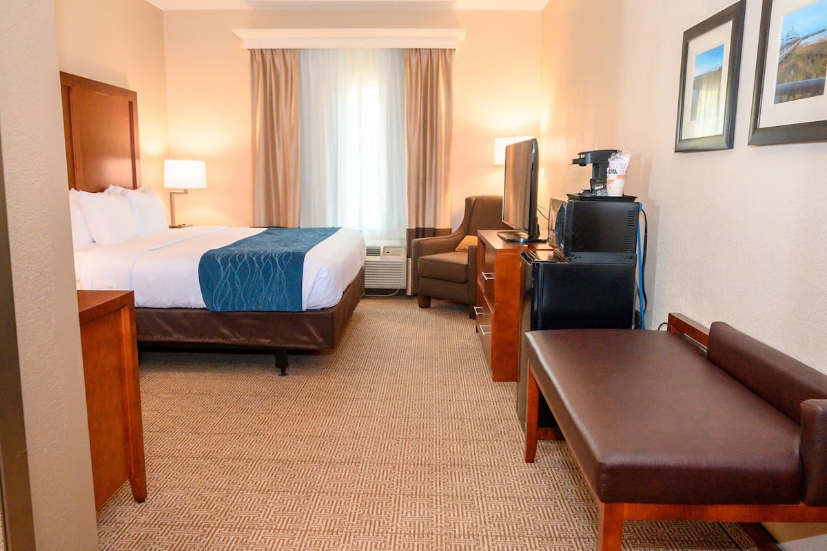 Premium bedding, memory foam beds, desk, laptop workspace