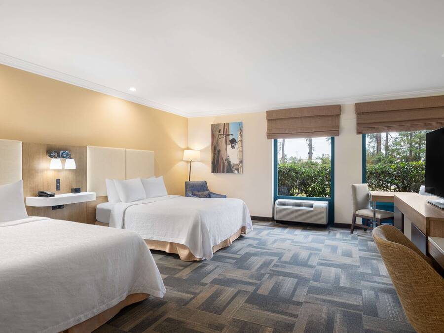 Quarto de hotel com duas camas, uma escrivaninha, uma cadeira, televisão e uma janela grande com vista para o verde.