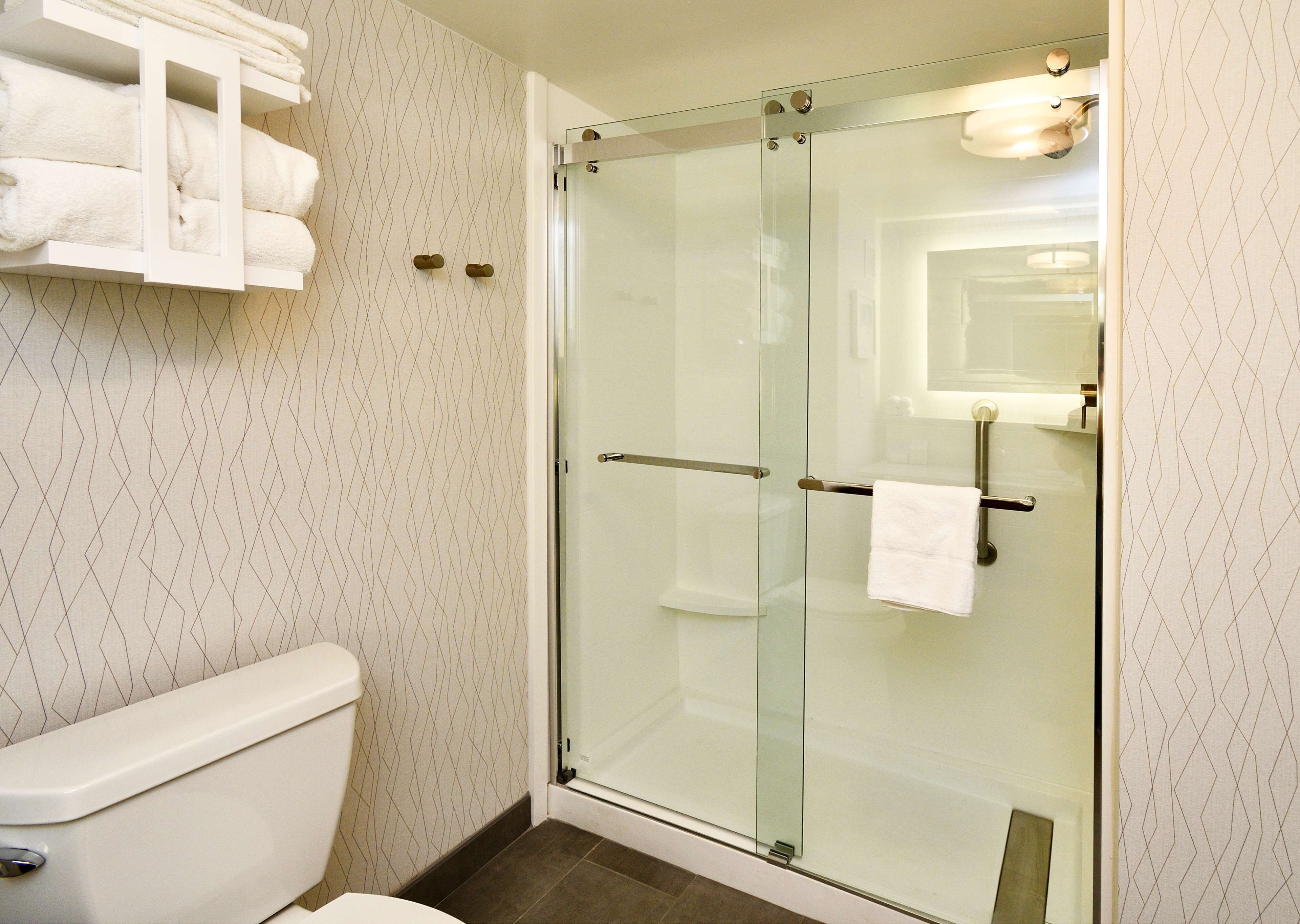 Un baño moderno con ducha envuelta en vidrio, inodoro y toallero con toallas dobladas.