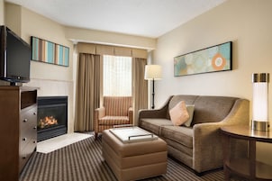 Habitación de hotel con chimenea, sofá, sillón, televisión y obras de arte en las paredes.