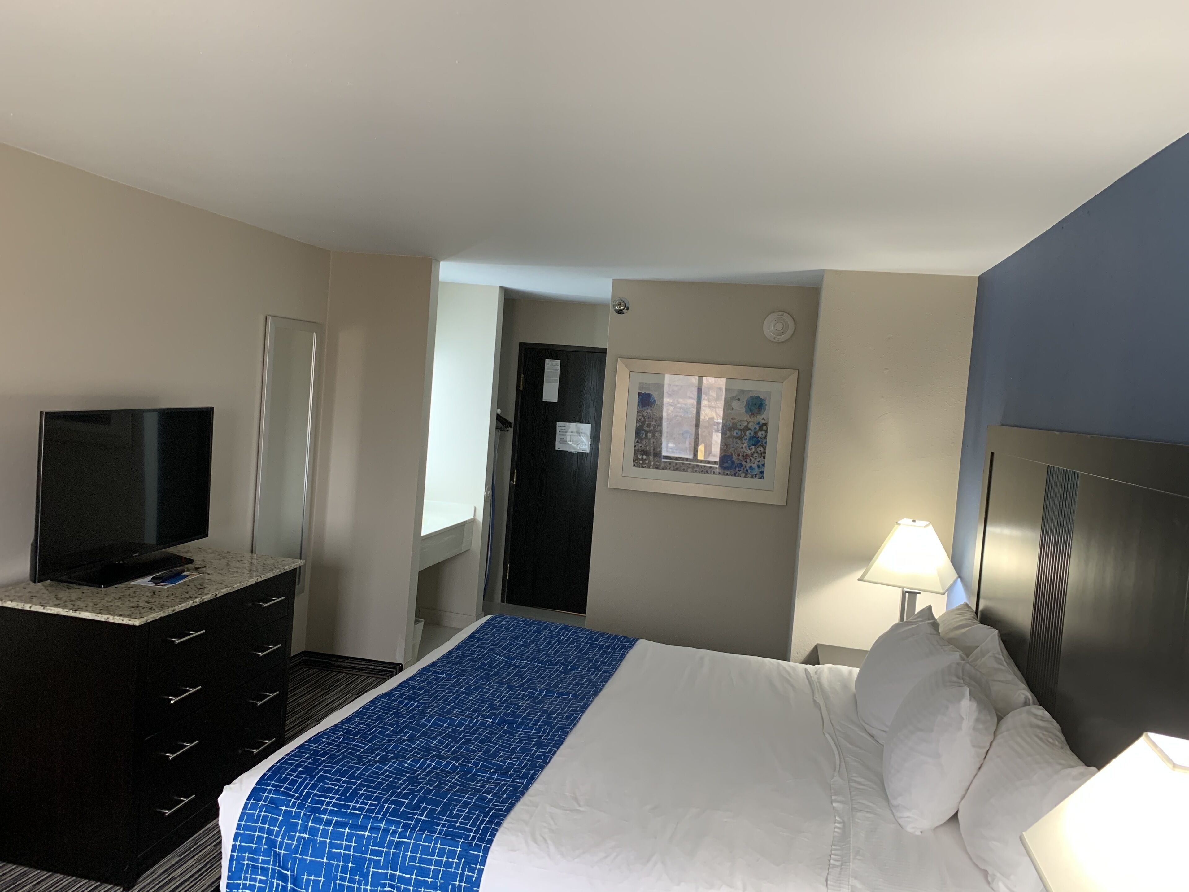 A hotel room with a bed, a TV on a dresser, a door, and a wall-mounted picture.