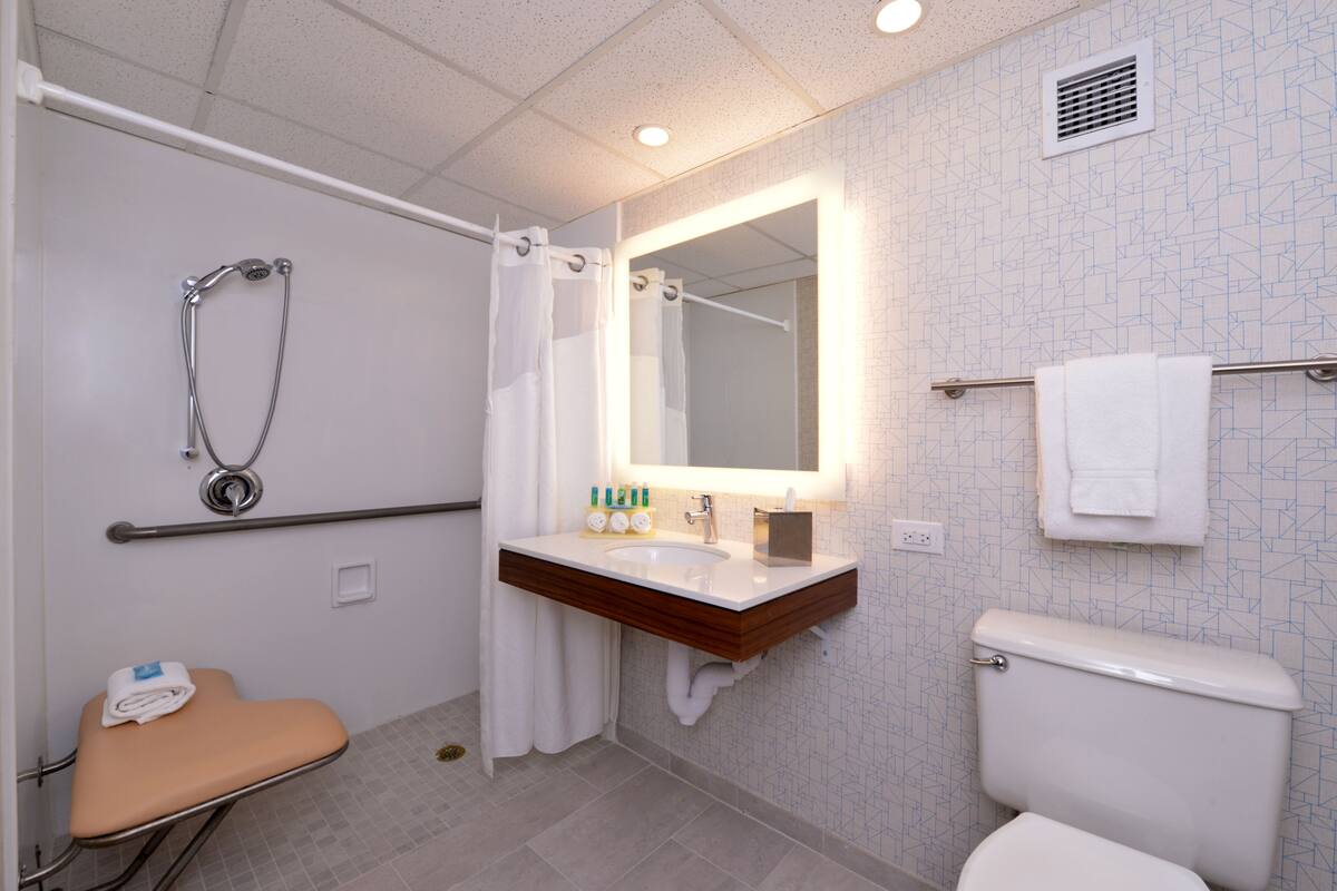 A bathroom with a shower, toilet, sink, and a mirror.