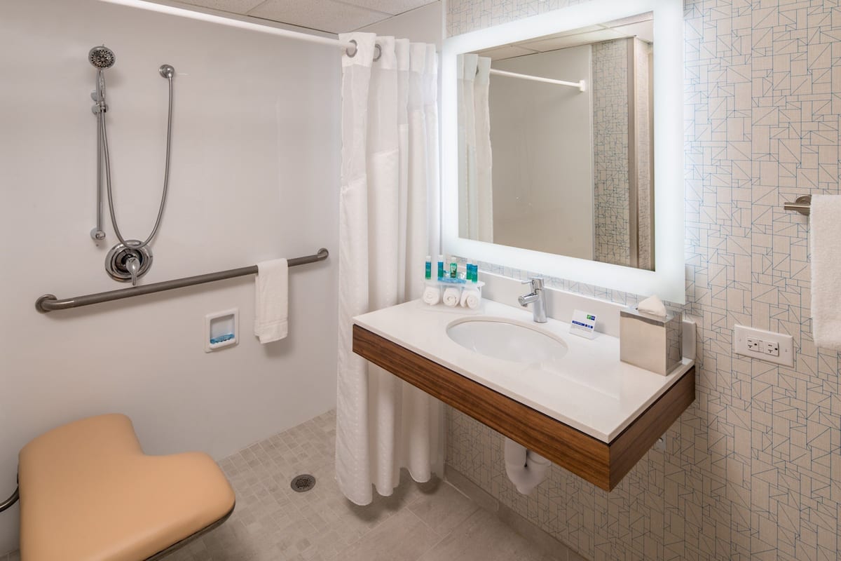 standard room, 1 queen bed, accessible (communications, mobil, roll-in shower) | bathroom | free toiletries, hair dryer, towels