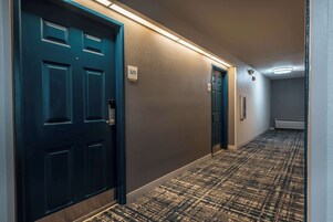 Um corredor com duas portas, piso coberto de carpete e luminária no teto.