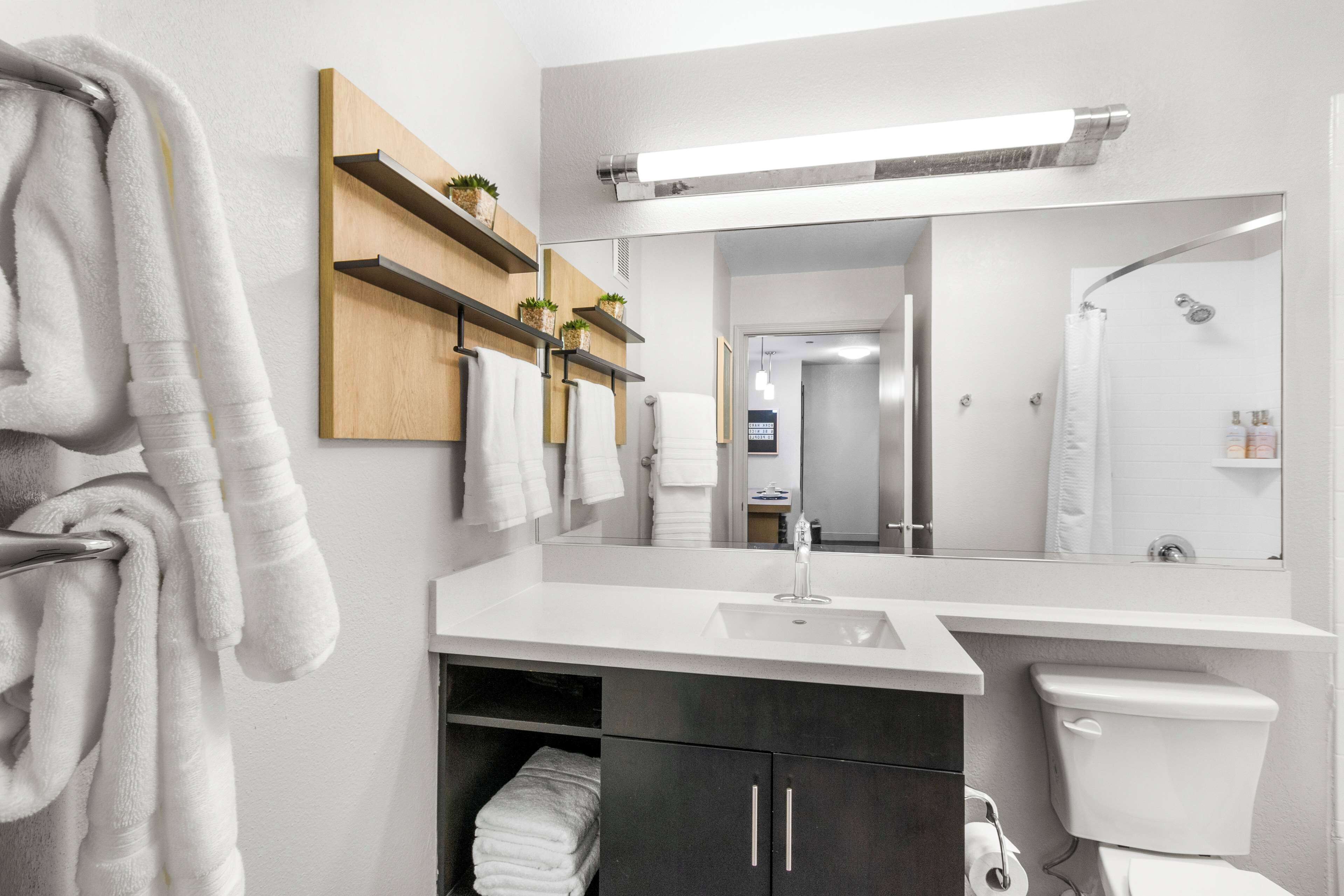 combined shower/bathtub, free toiletries, hair dryer, towels