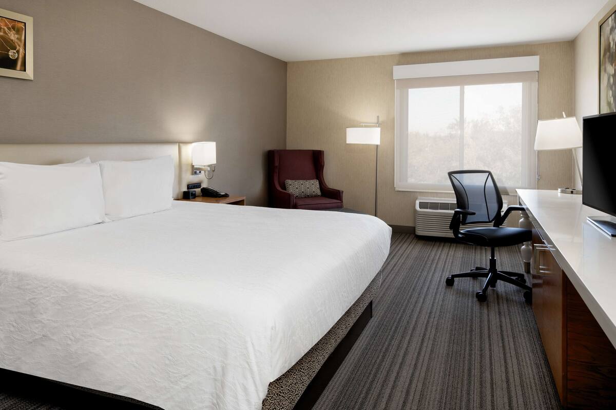 A hotel room with a large bed, a desk with a chair, a television, and a window with a view of trees.