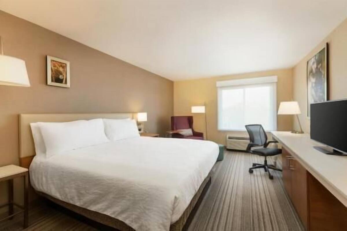 A hotel room with a bed, a desk, a chair, a television, and a window.