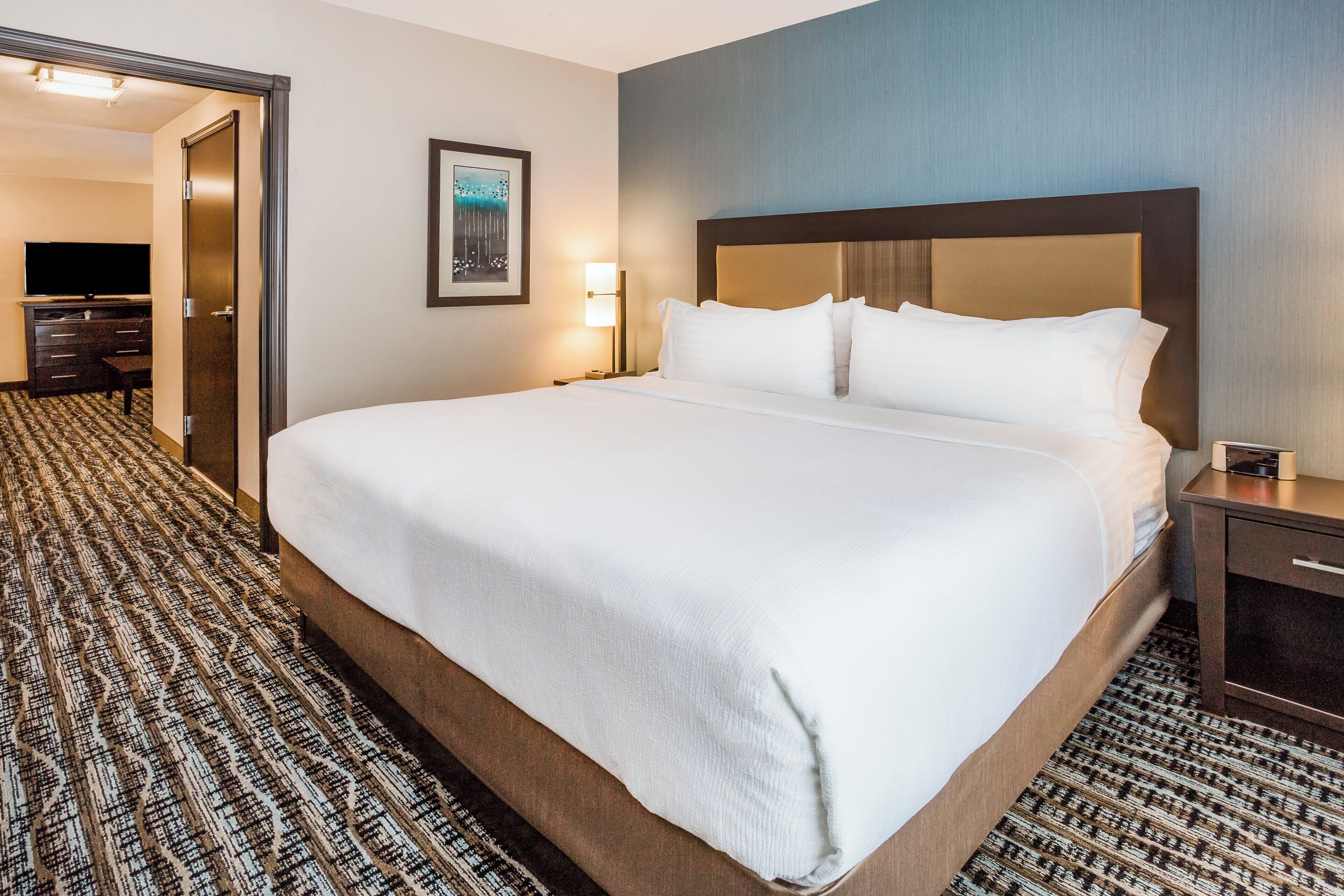 A hotel room with a large bed, a bedside table, a lamp, and a television on a dresser.