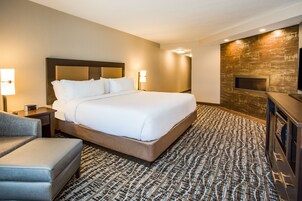 Una habitación de hotel con una cama grande, un televisor de pantalla plana, una chimenea y una alfombra estampada.