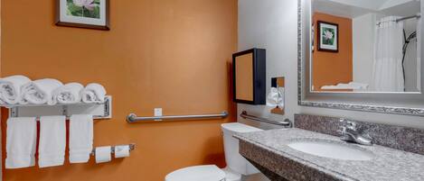 Une salle de bain avec un mur orange, des toilettes blanches, un lavabo doté d’un plan de travail en granit et un miroir encadré sur lequel est accrochée une photographie d’une fleur de lotus.