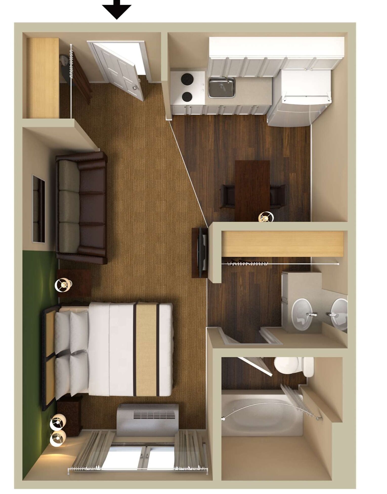 Distribución compacta de una habitación de hotel con cama, kitchenette pequeña, baño y zona de estar.