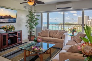 2 Bedroom, 1 Bath Deluxe Ocean View | Living area | Flat-screen TV