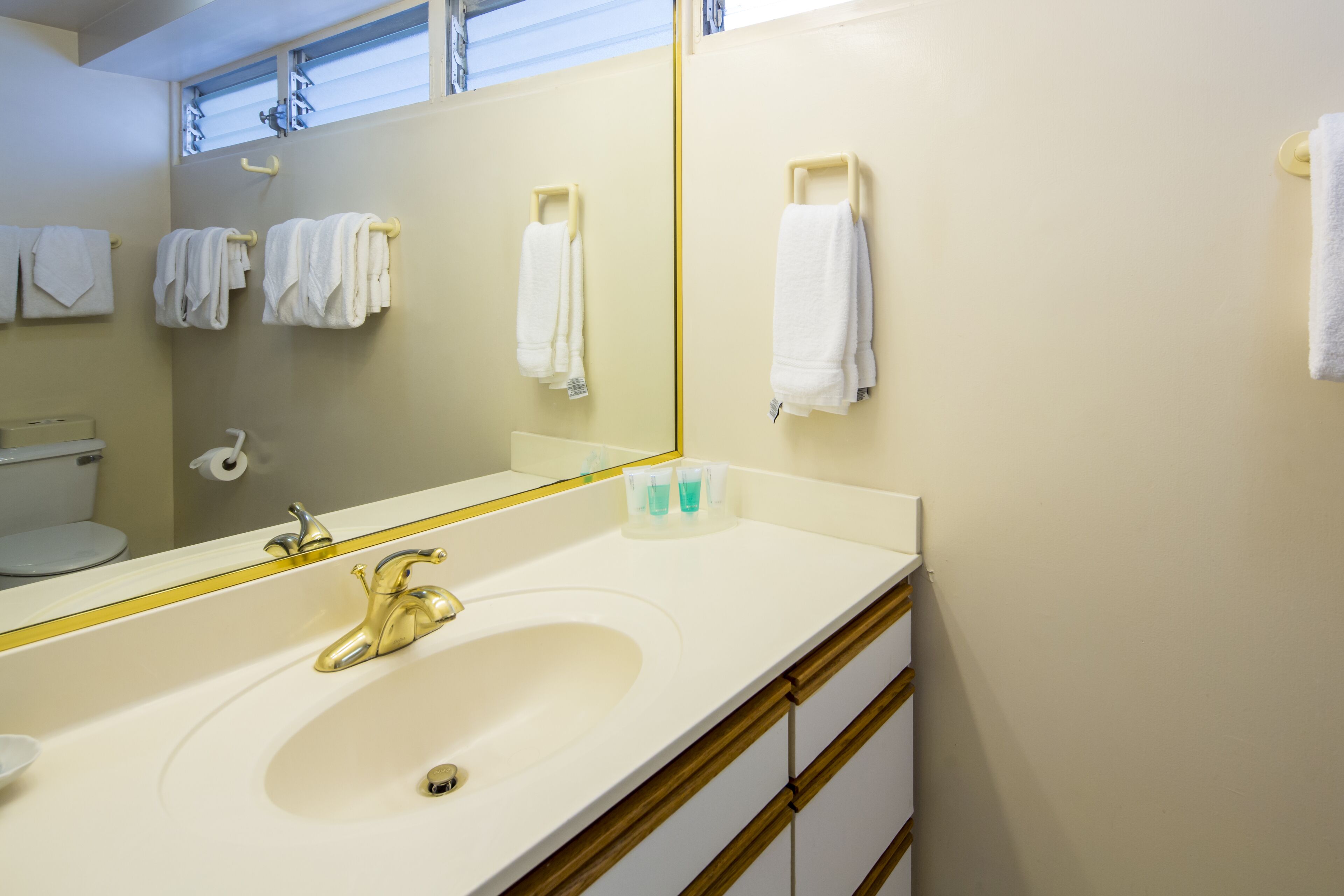 Un baño con un espejo grande, un lavabo con grifo dorado y varias toallas colgadas de ganchos.