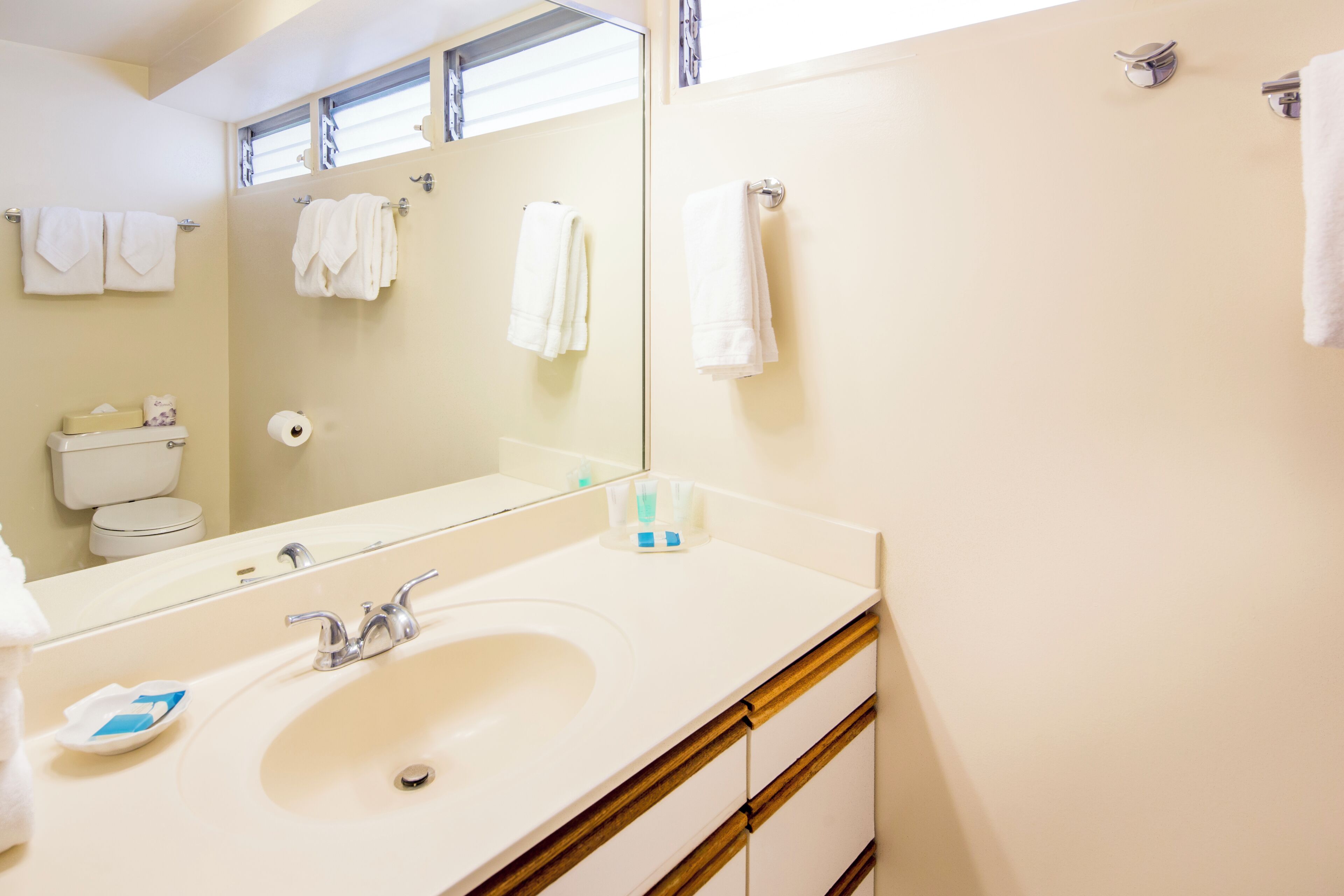 A bathroom with a large mirror, a sink, and a toilet. There are towels hanging on the wall and a towel rack.