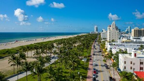 A coastal cityscape with a beach, palm trees, and modern buildings. - The Shepley South Beach Hotel (Miami Beach)