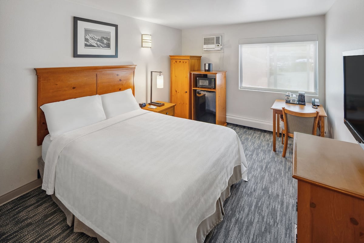Une chambre d’hôtel avec un grand lit, un bureau avec un ordinateur, un four à micro-ondes et une télévision.