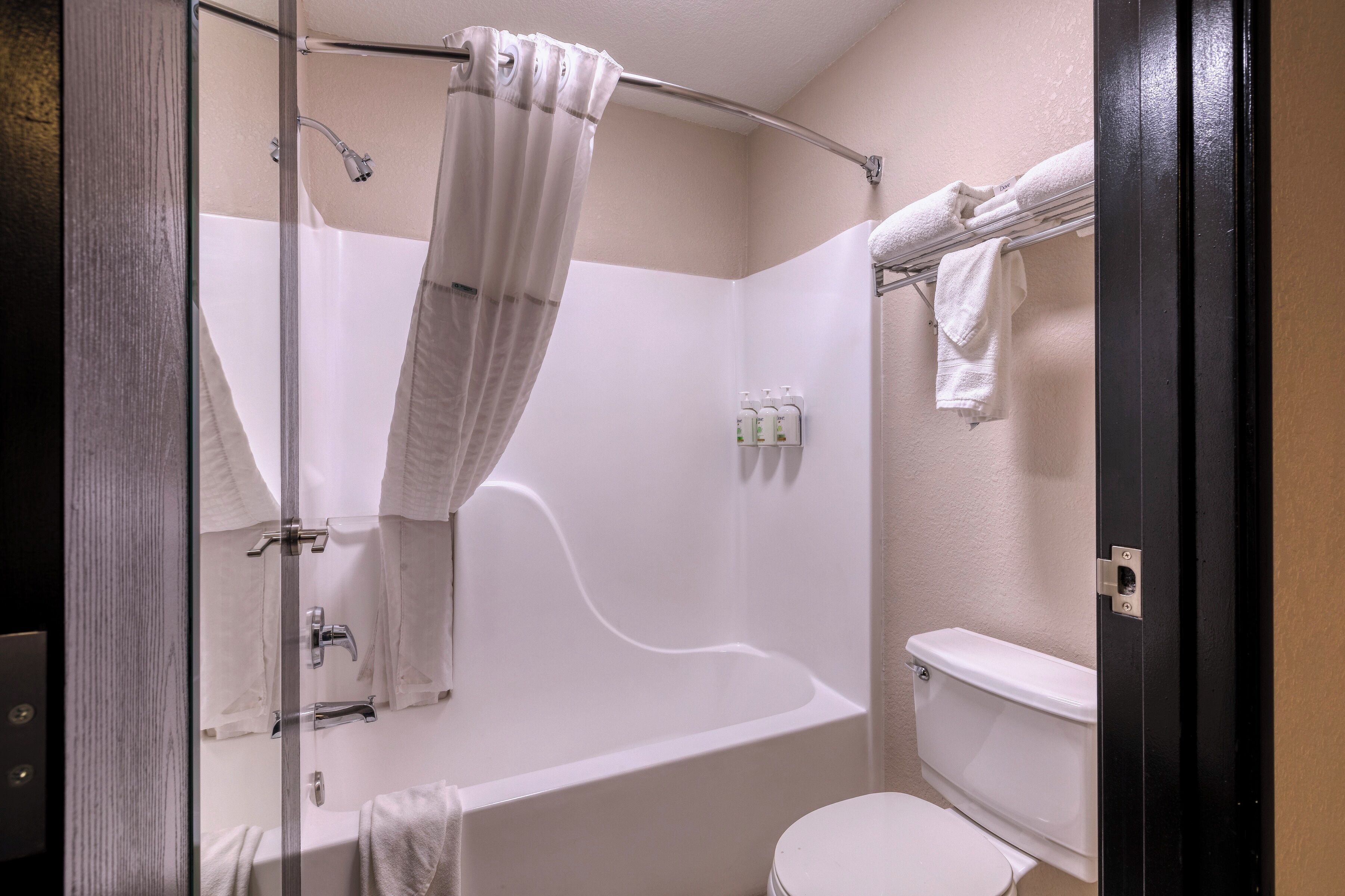 Ein Badezimmer mit Duschkabine aus Glas, einer weißen Badewanne und einer Toilette.