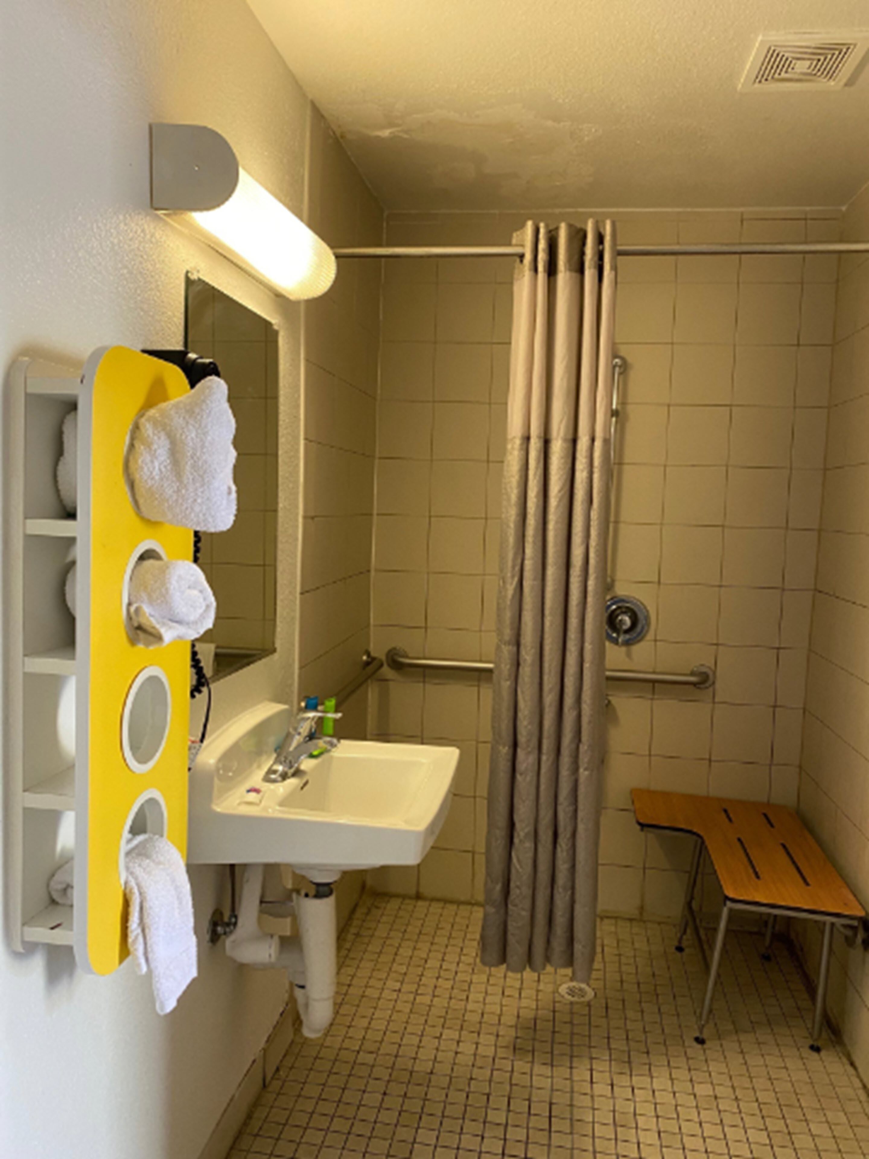 A bathroom with a sink, mirror, and shower curtain.