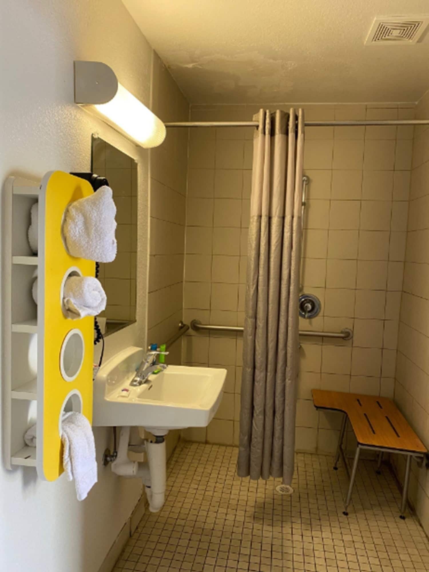A bathroom with a sink, mirror, and shower.