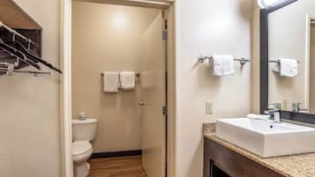 Een badkamer met toilet, wastafel en spiegel.