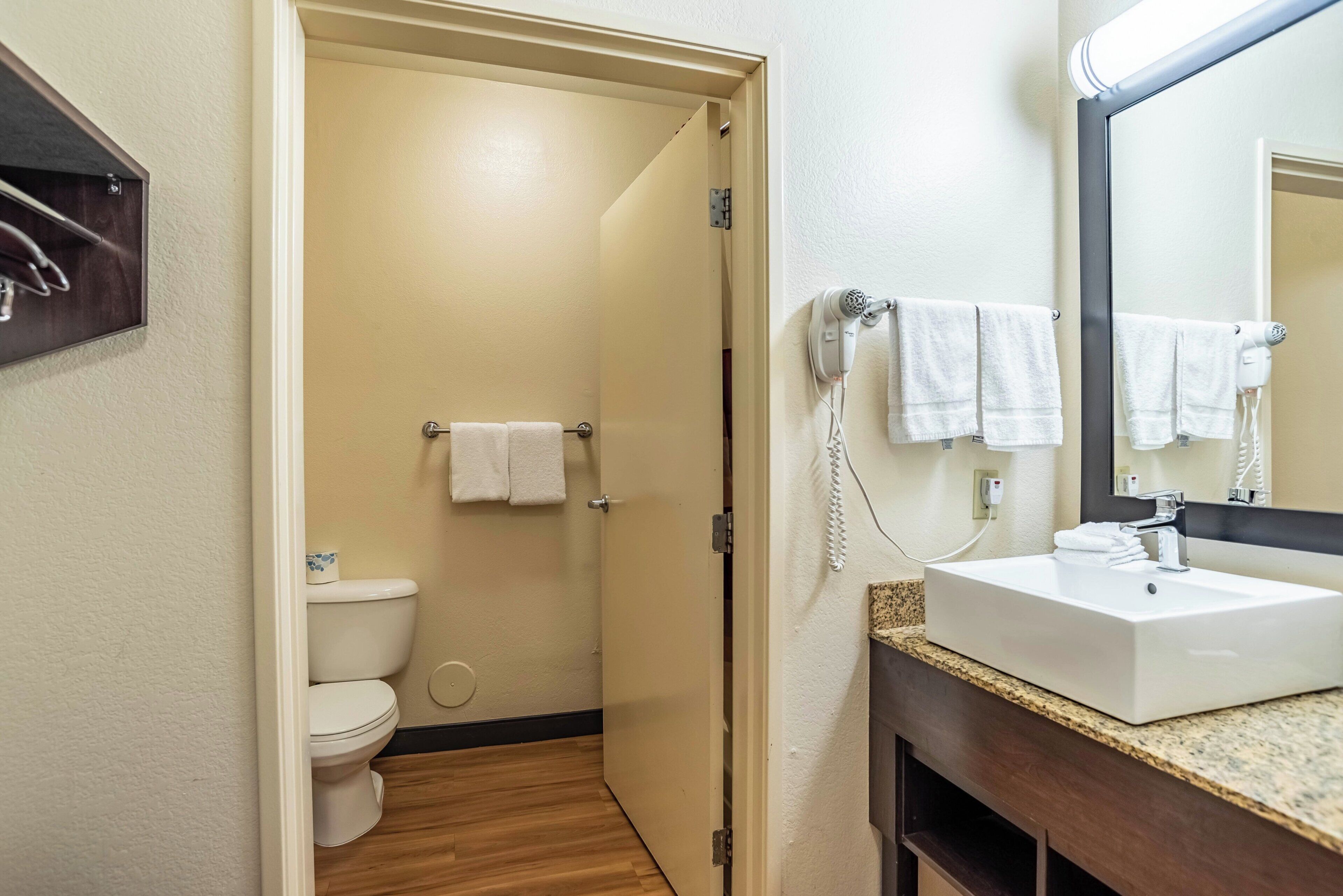 A bathroom with a toilet, a sink, and a mirror.