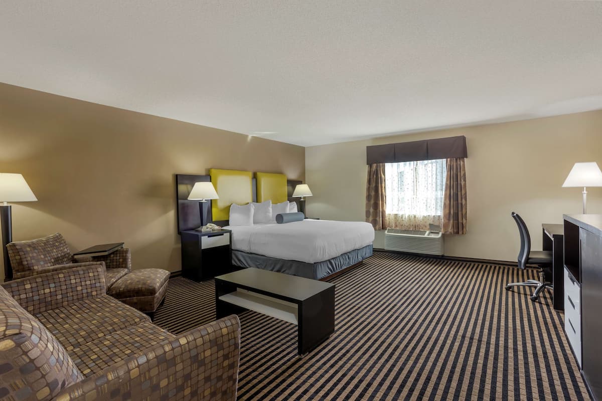 A hotel room with a bed, a sofa, a desk, and a chair.