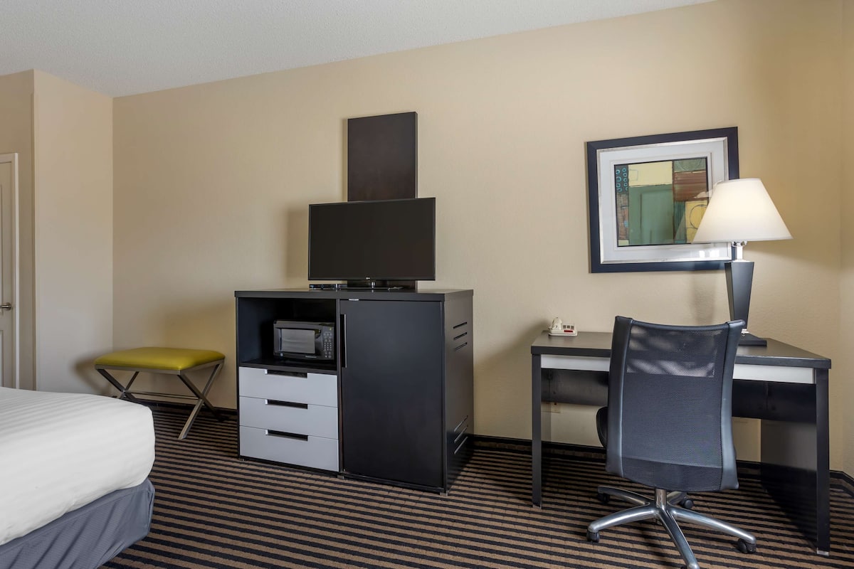 A hotel room with a bed, a desk with a chair, a small refrigerator, a television, and a lamp.