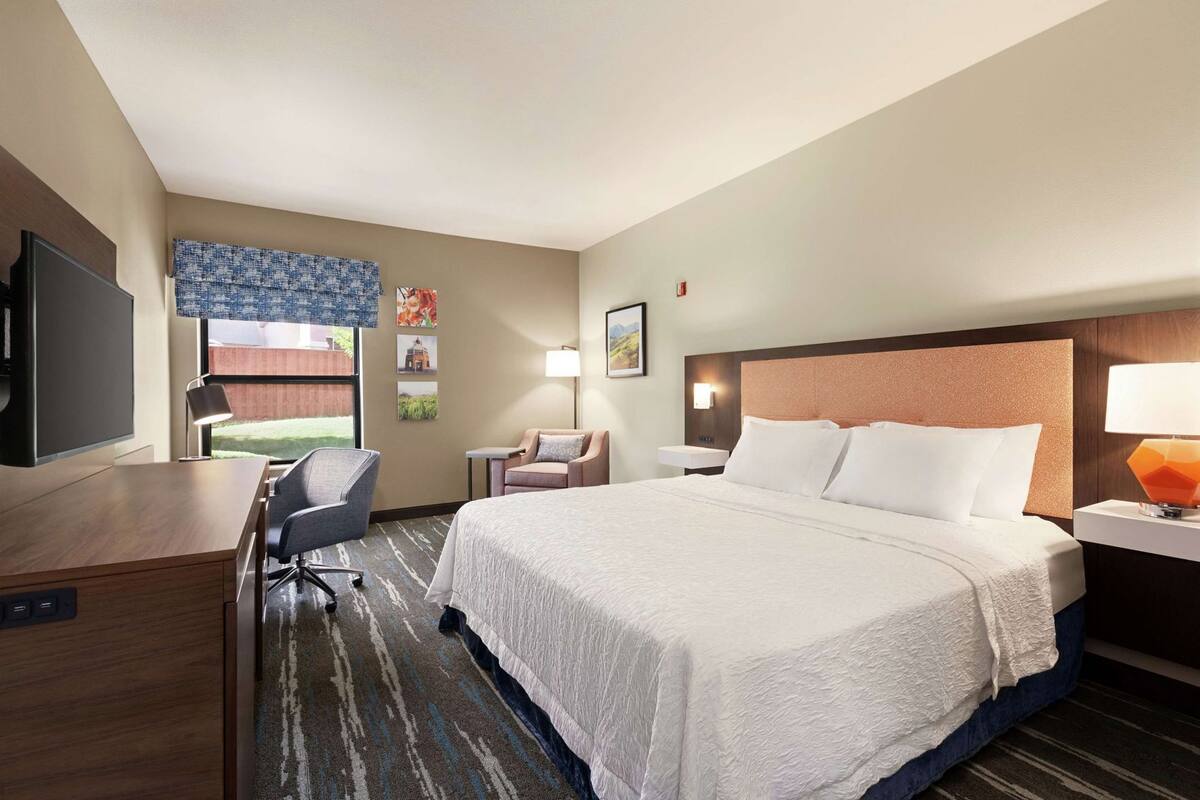 A hotel room with a bed, desk, chair, TV, and a window with a view.