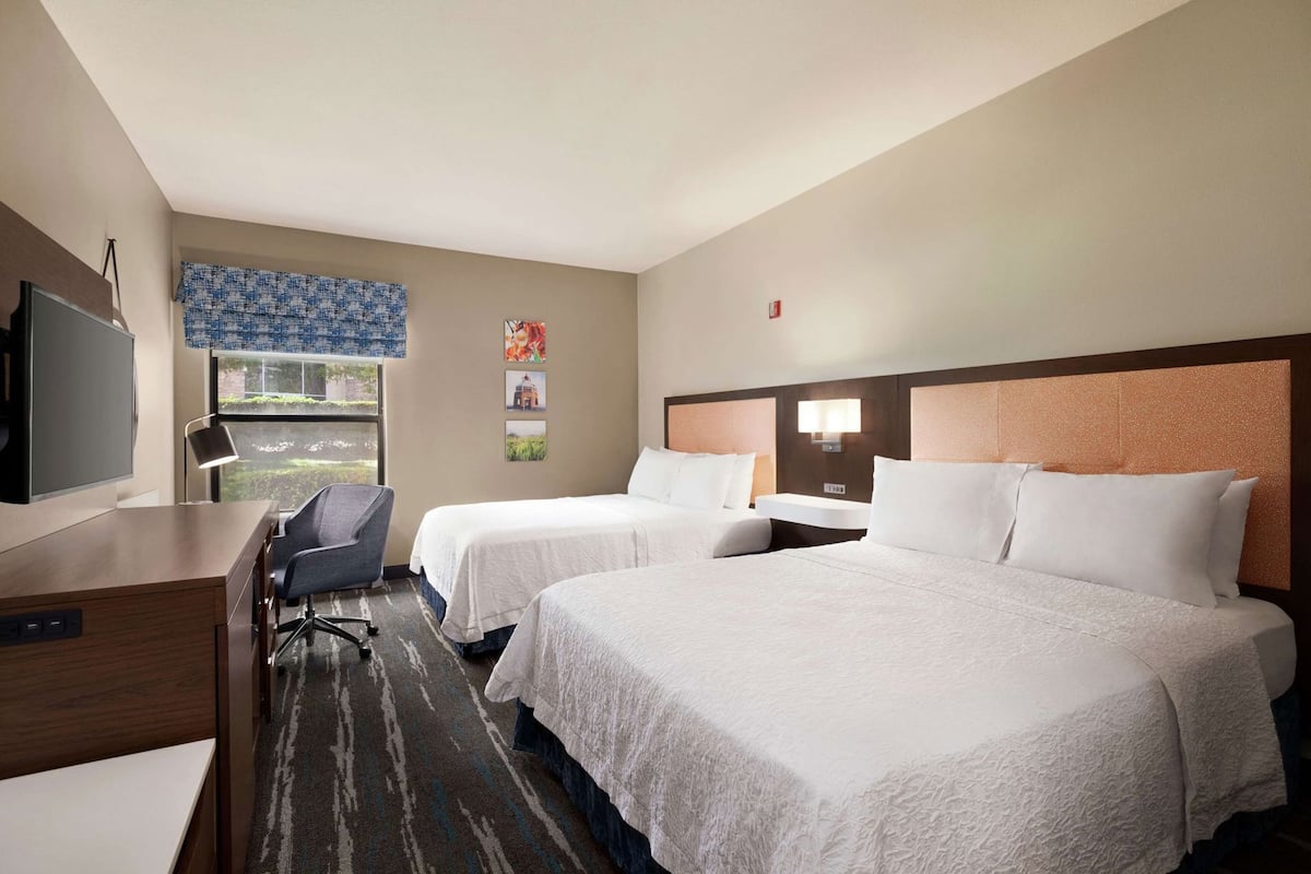 A hotel room with two beds, a desk, a chair, a TV, and a window with a view.