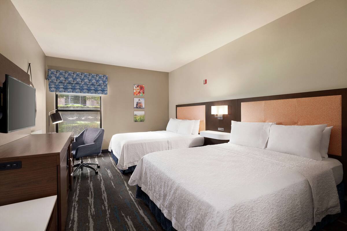 A hotel room with two beds, a desk, a chair, a TV, and a window with a view of greenery.