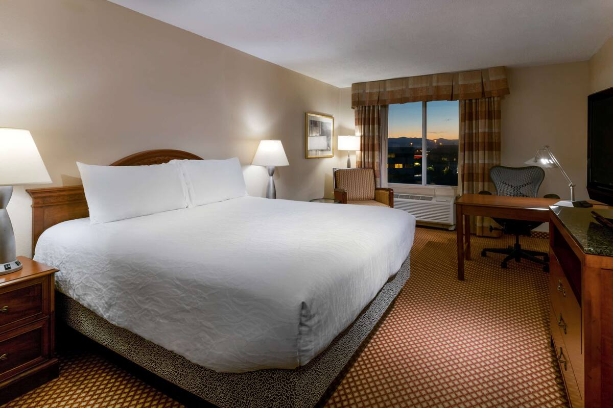 A hotel room with a large bed, a desk, a chair, a television, and a window with a city view.
