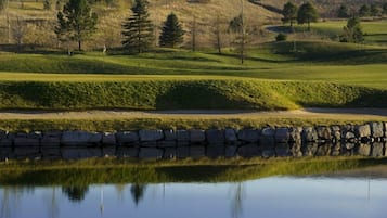 A golf course with a pond, stone wall, and trees.