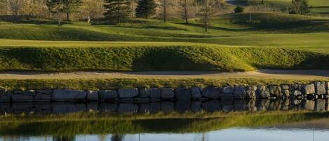 A golf course with a pond, stone wall, and trees.