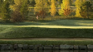 A golf course with a stone wall and a flag.