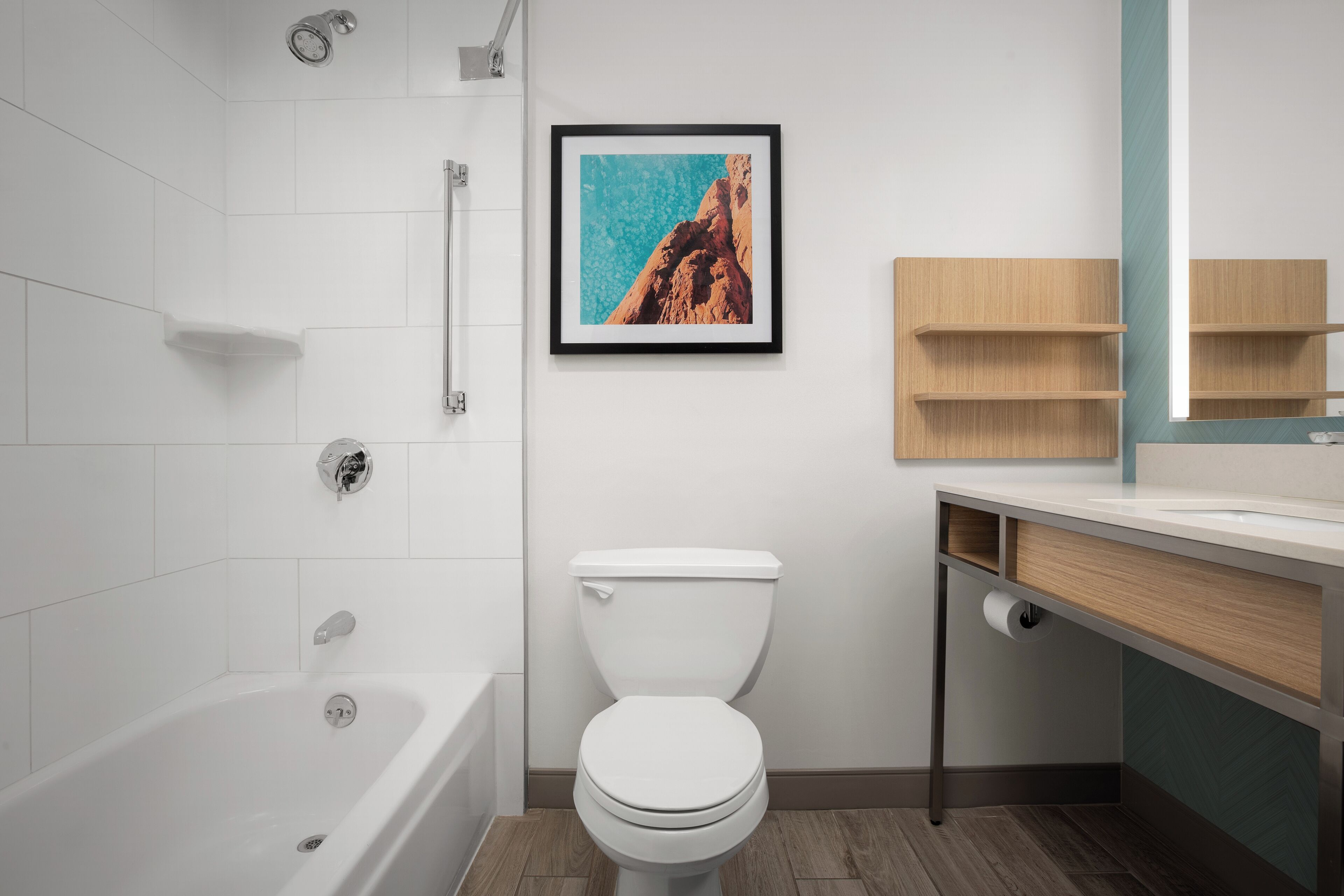 一张特大床不可吸烟无障碍房 | 浴室 | 淋浴/盆浴组合、免费洗浴用品、吹风机、毛巾