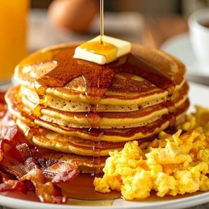 Una pila de tortitas con almíbar, tocino y huevos revueltos.