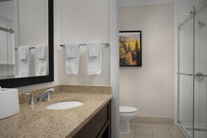 A bathroom with a granite countertop, a white sink, a mirror, and a glass shower enclosure. - Hampton Inn & Suites Denver Tech Center (Denver)