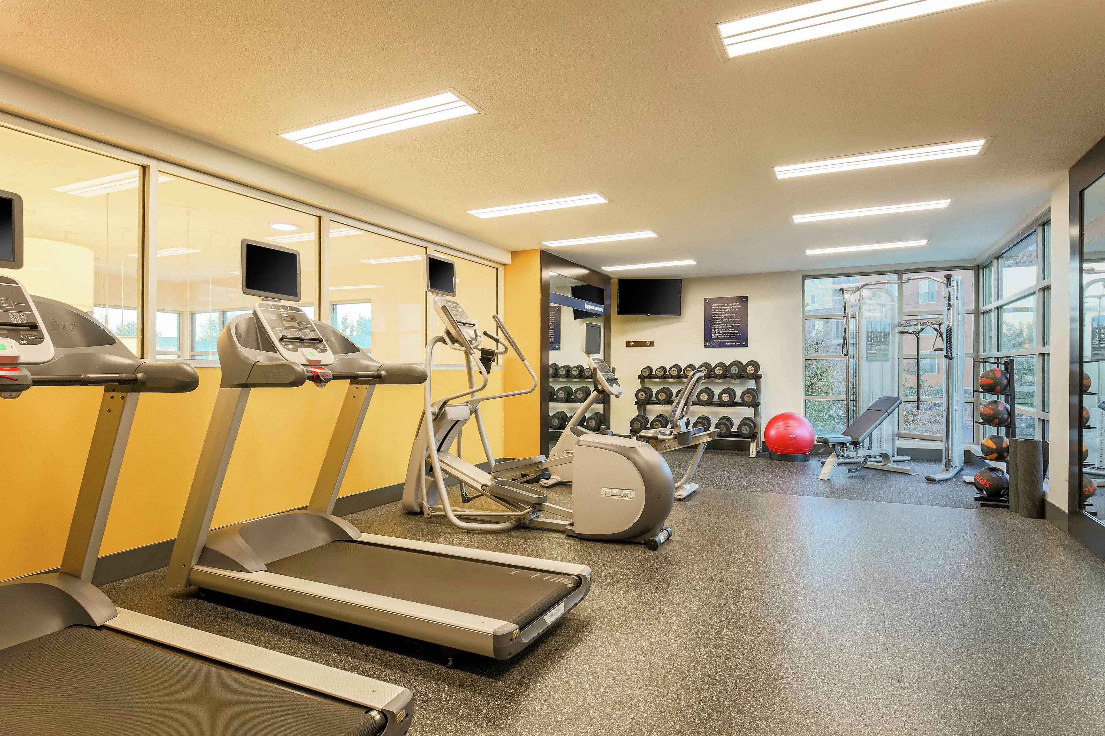 A gym with treadmills, elliptical machines, and free weights.