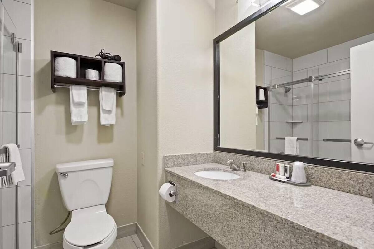 A bathroom with a toilet, sink, and mirror.