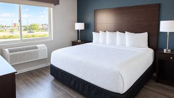A hotel room with a large bed, two bedside tables, a window with a view, and a wall-mounted heater.