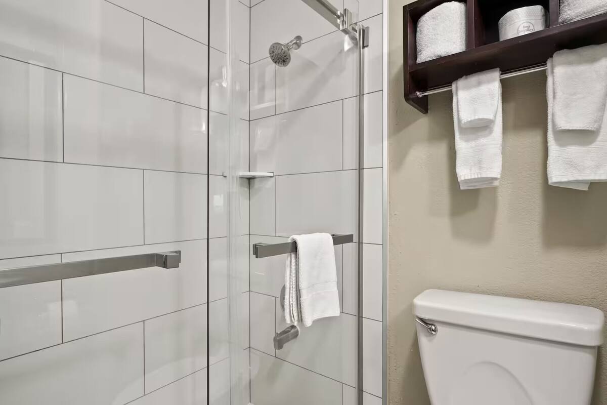 A bathroom with a glass shower enclosure, a toilet, and a shelf with towels.