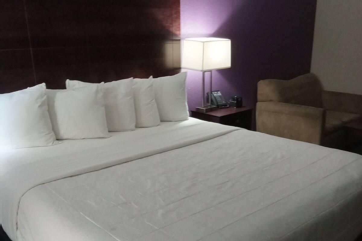 A hotel room with a large bed, a nightstand with a lamp, and a chair.