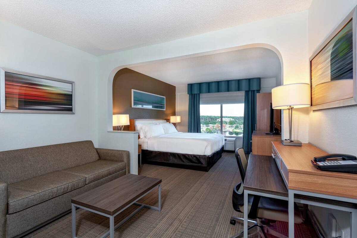 A hotel room with a bed, a sofa, a desk, and a chair.