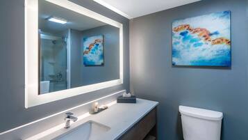 Combined shower/tub, deep soaking tub, free toiletries, hair dryer