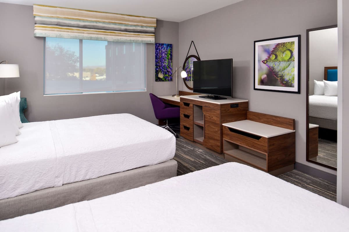 Habitación de hotel con dos camas, un escritorio con televisor, una silla y obras de arte en las paredes.