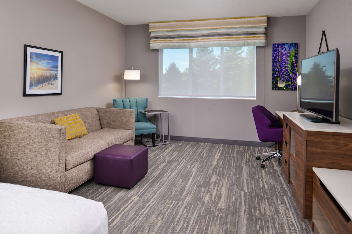 Habitación de hotel con sofá, una mesita, una silla morada, televisor y ventana con vista a árboles.