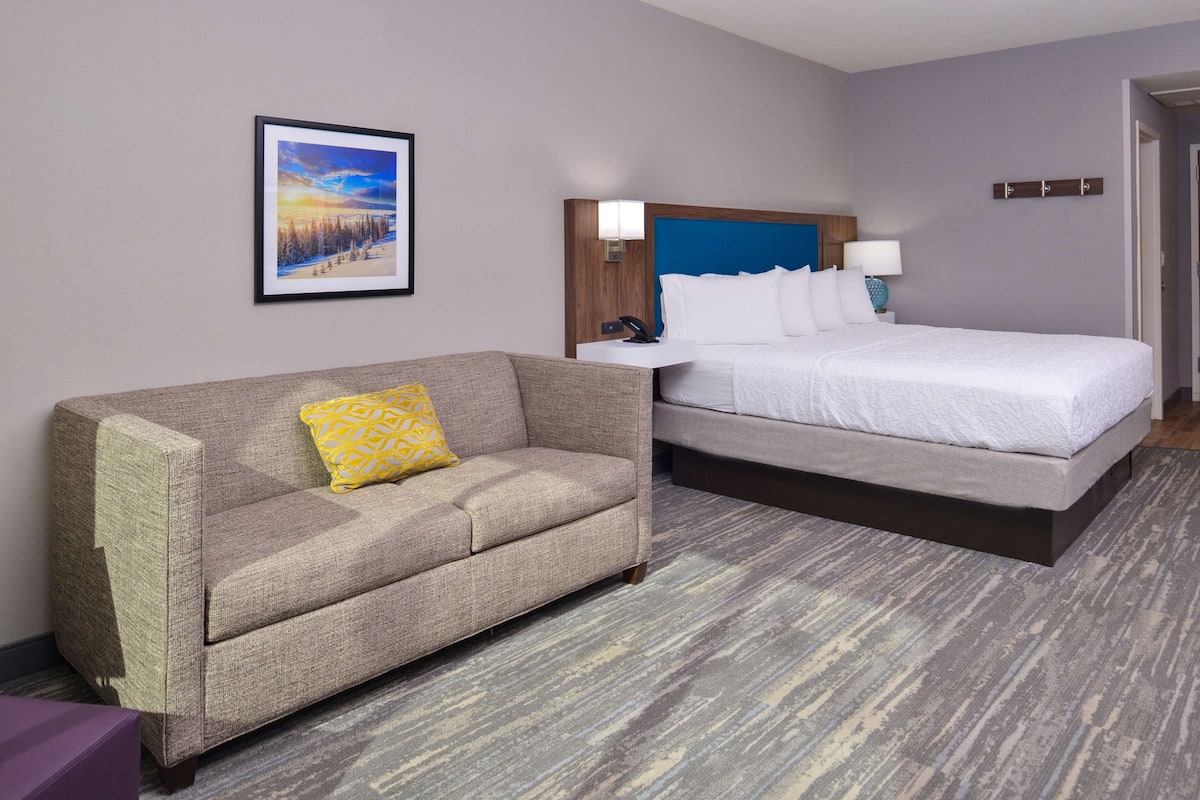 Una habitación de hotel con cama, sofá, mesita de noche y un cuadro en la pared.