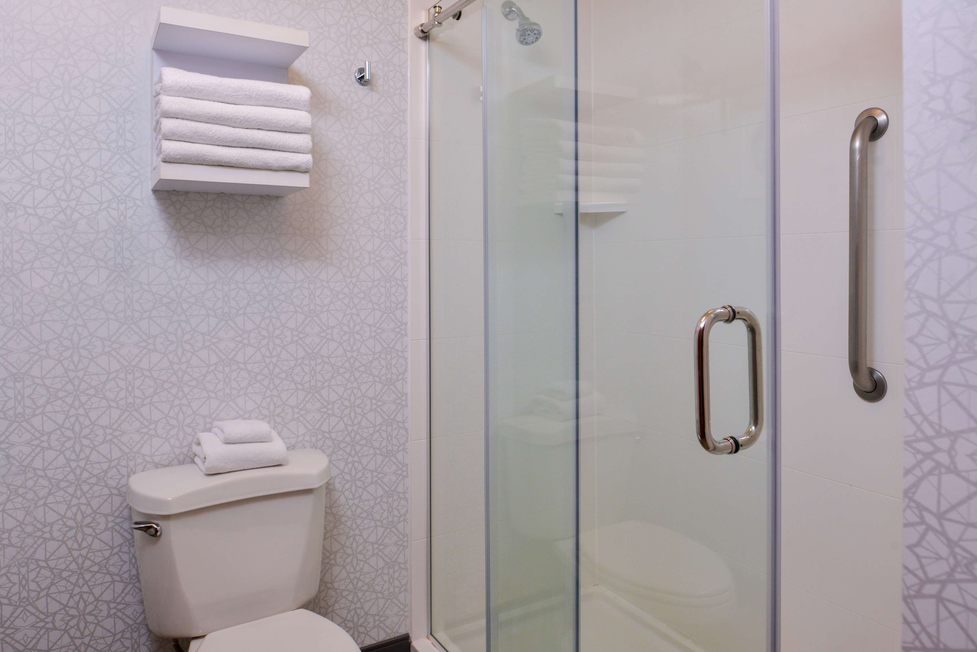 Un baño con cabina de ducha de vidrio, inodoro y toallero con toallas dobladas.