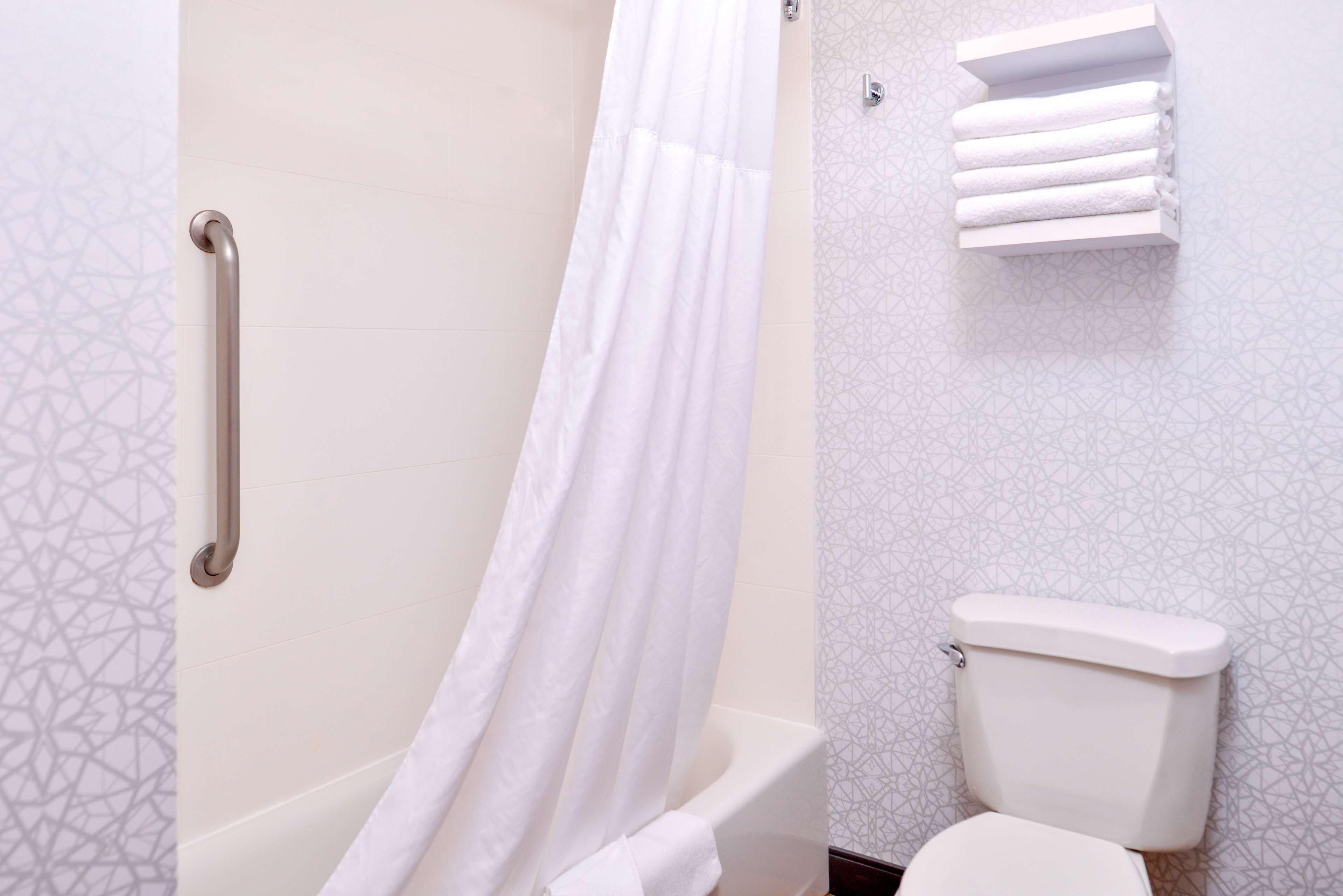 A bathroom with a shower curtain, a toilet, and a towel rack.