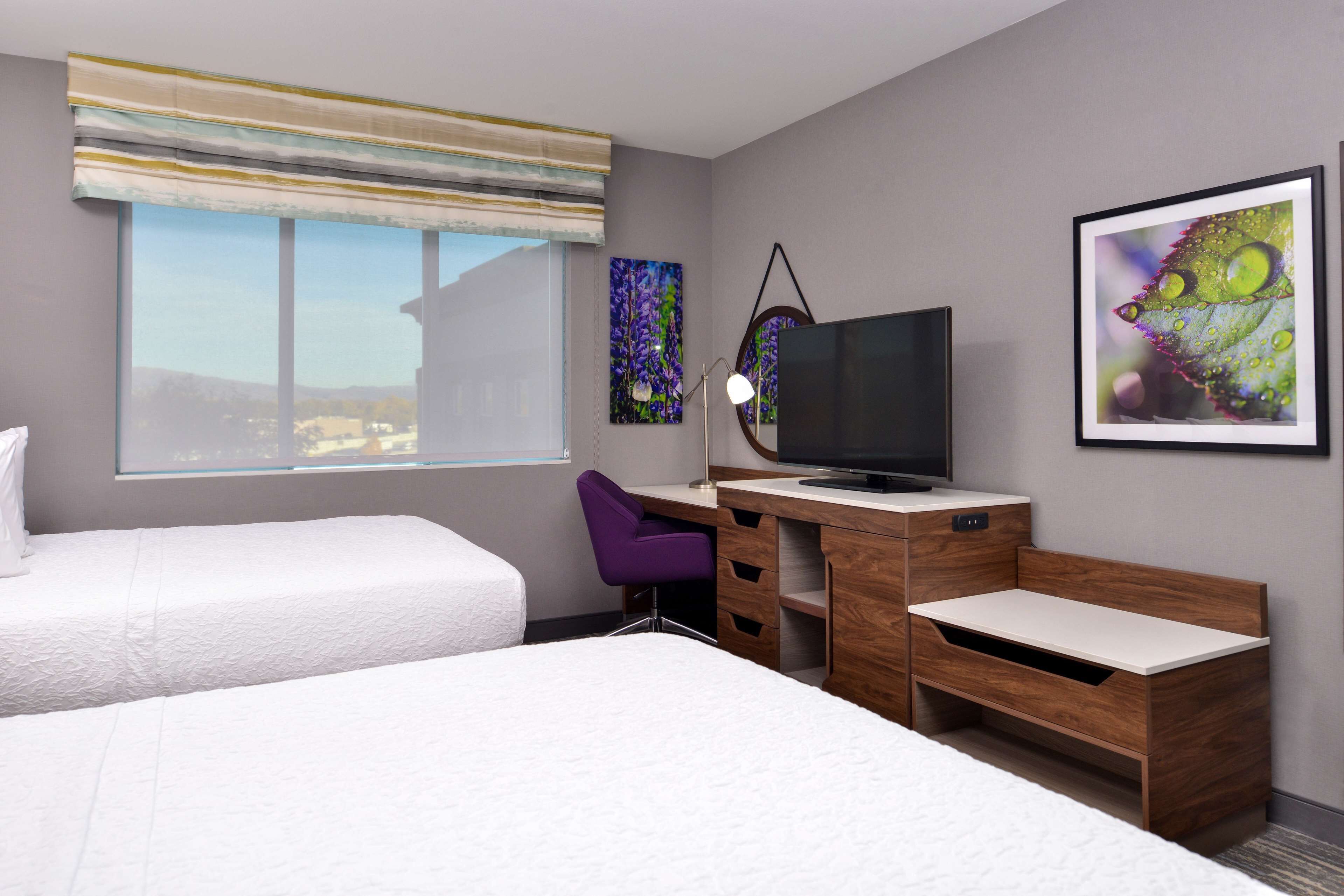 A hotel room with two beds, a desk, a chair, a television, and artwork on the walls.